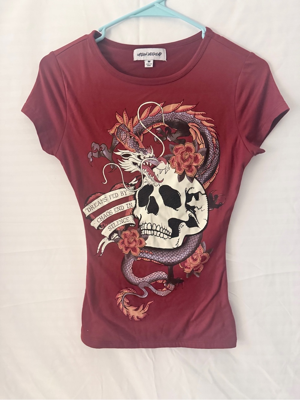 Urban Heritage Women's Maroon Graphic Tee with Skull & Dragon
